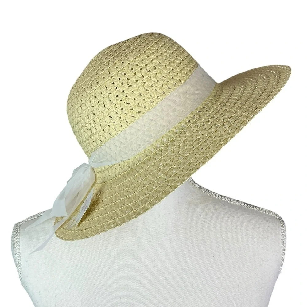 Straw Sun Garden Beach Hat Floppy Wide Brim White Ribbon Neutral Yellow Women OS - Picture 12 of 16